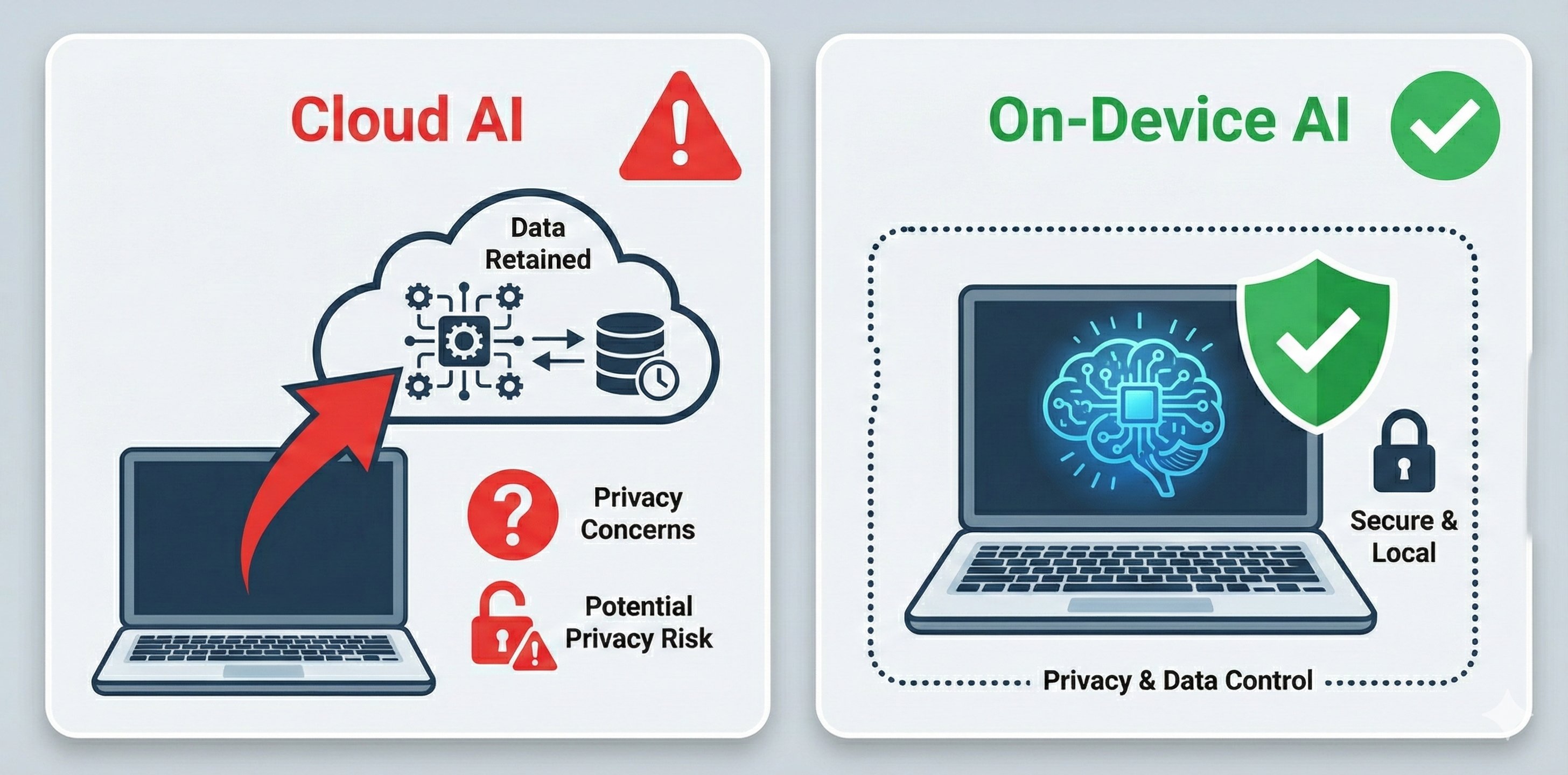 Two-panel comparison: Cloud AI shows data flowing to servers with privacy concerns; On-Device AI shows processing contained within device with shield icon